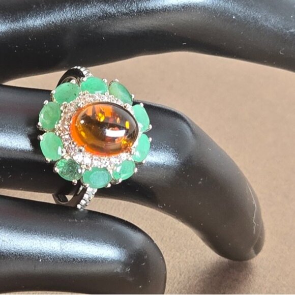 925 Sterling Silver Ring with Natural Amber & Emerald Gemstones - Picture 6 of 15